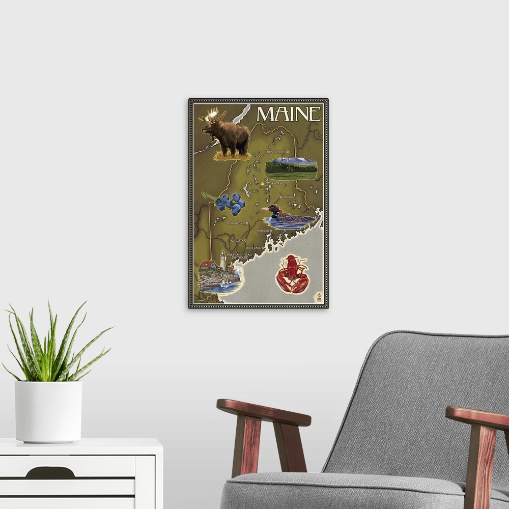 A modern room featuring Maine Map and Icons: Retro Travel Poster