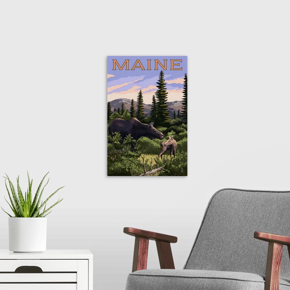 A modern room featuring Maine - Moose and Baby Scene: Retro Travel Poster