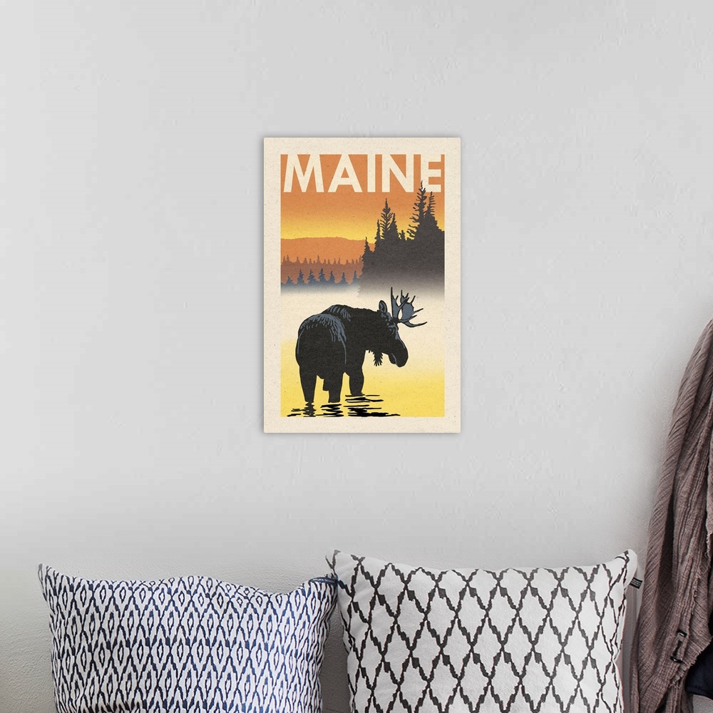 A bohemian room featuring Maine - Moose at Dawn - Woodblock
