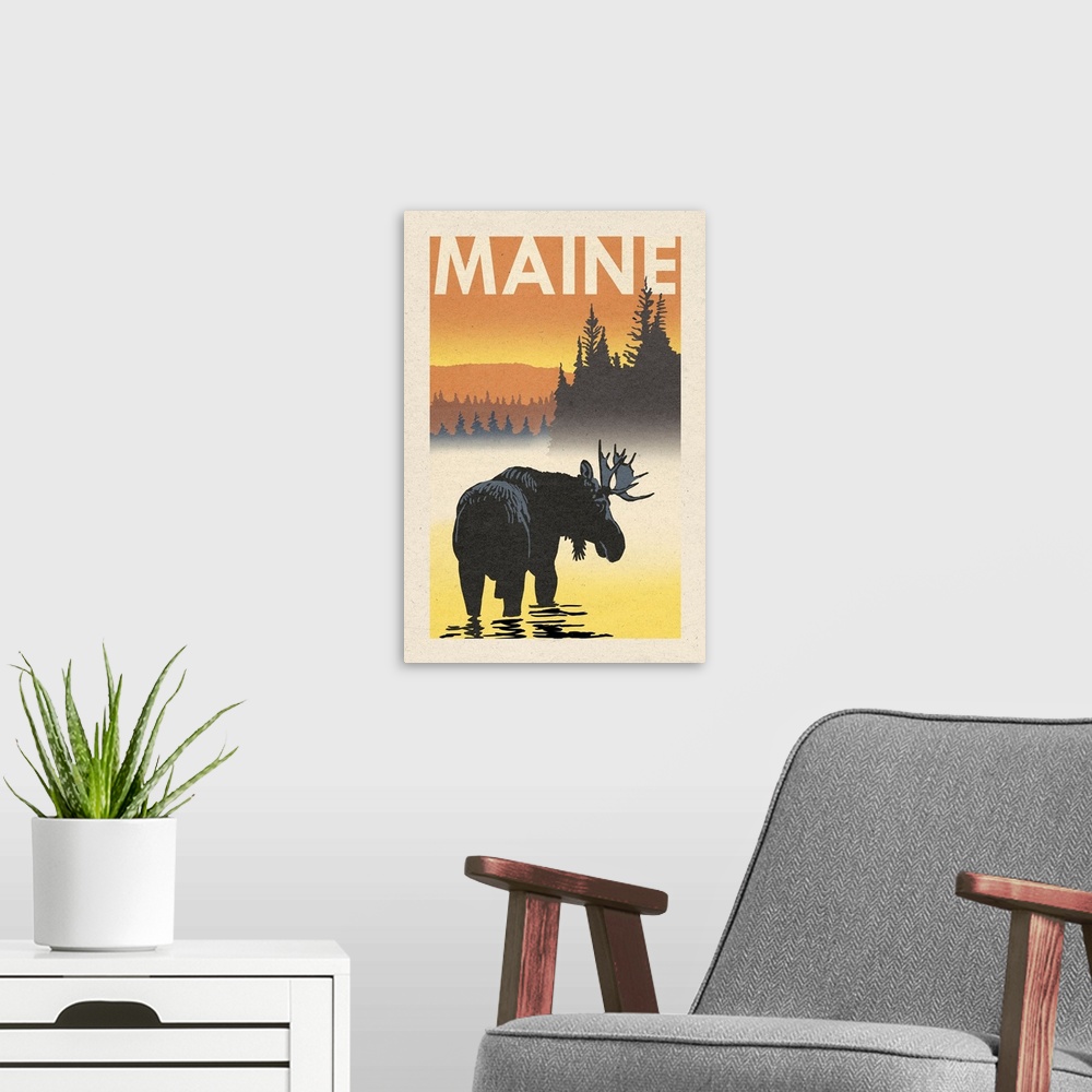 A modern room featuring Maine - Moose at Dawn - Woodblock
