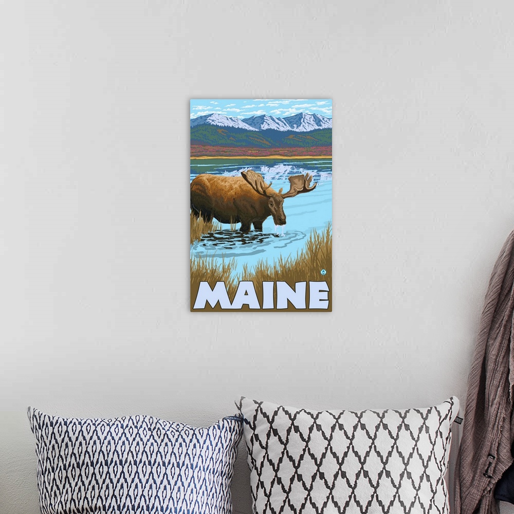 A bohemian room featuring Maine - Moose Drinking in Lake: Retro Travel Poster