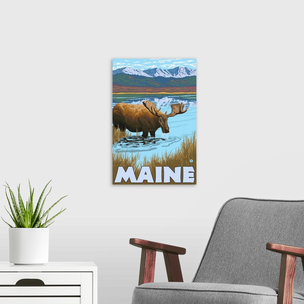 A modern room featuring Maine - Moose Drinking in Lake: Retro Travel Poster