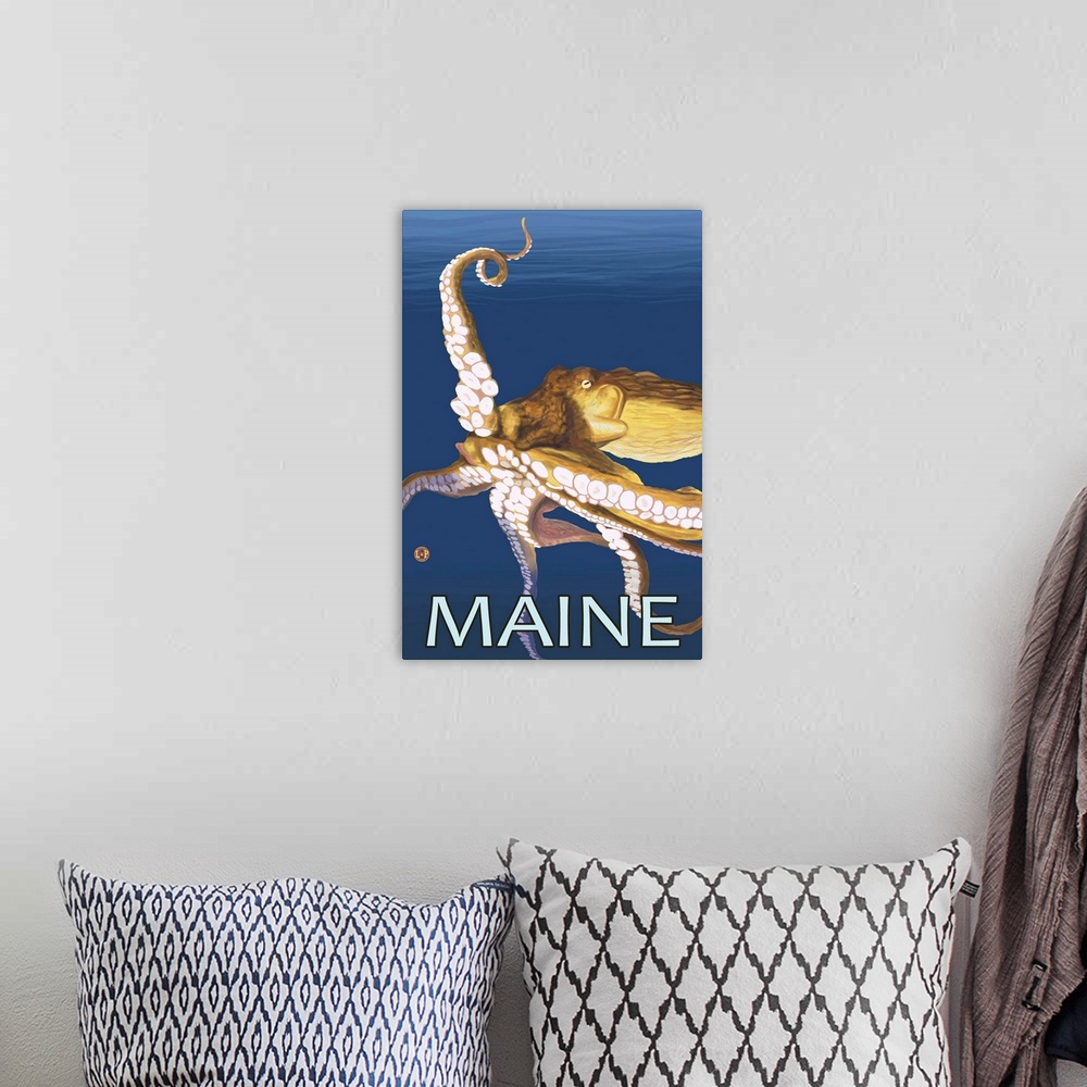 A bohemian room featuring Maine - Octopus Scene: Retro Travel Poster