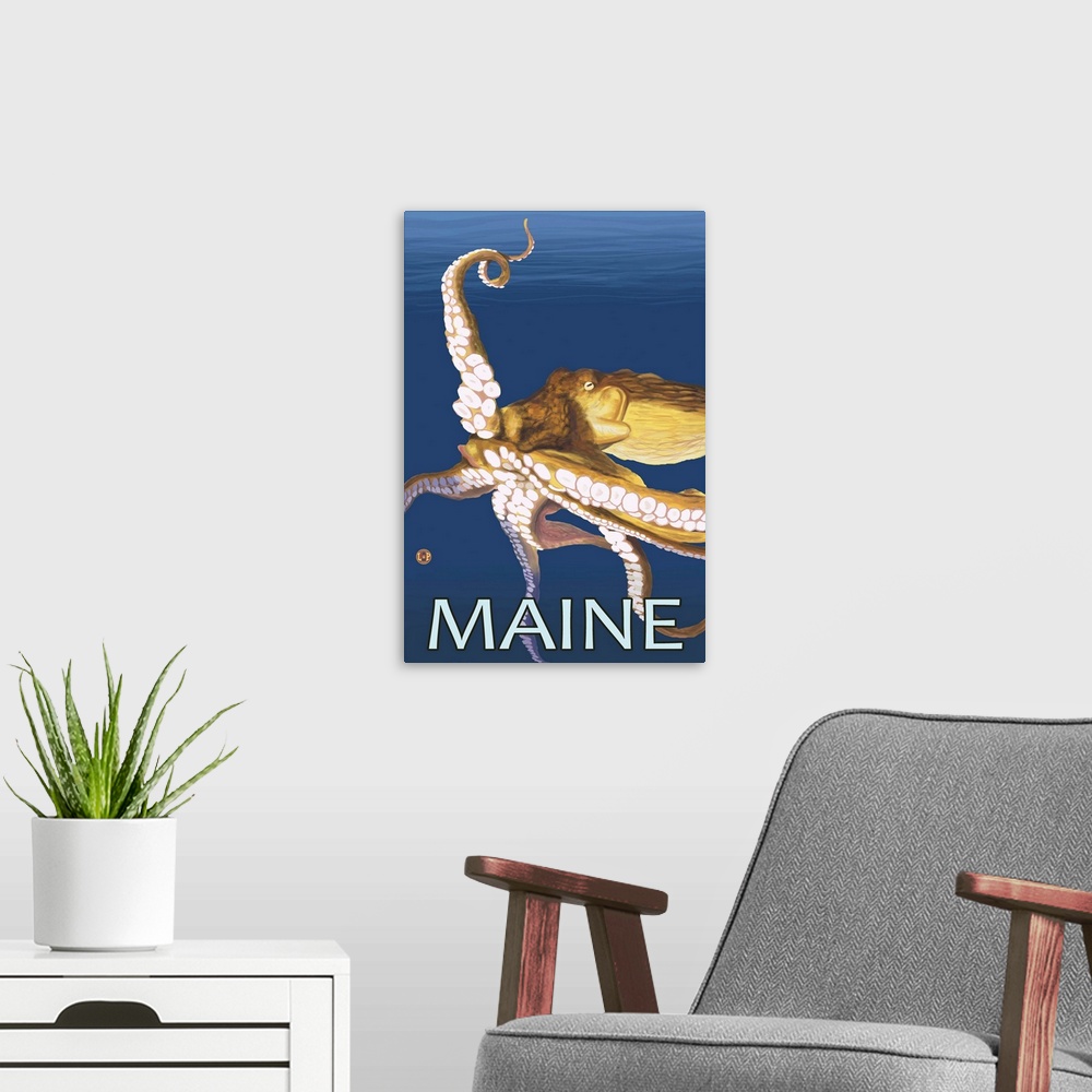 A modern room featuring Maine - Octopus Scene: Retro Travel Poster