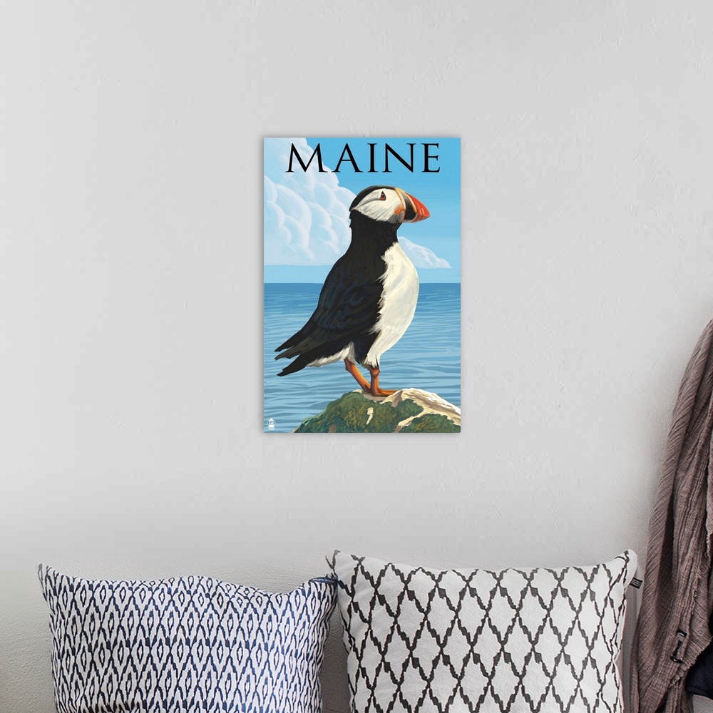 A bohemian room featuring Maine - Puffin on Rock Scene: Retro Travel Poster