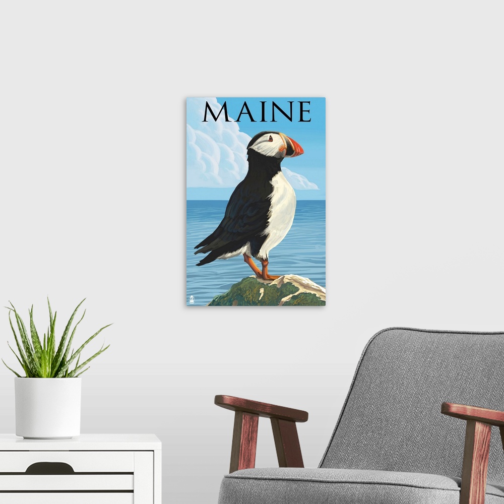 A modern room featuring Maine - Puffin on Rock Scene: Retro Travel Poster