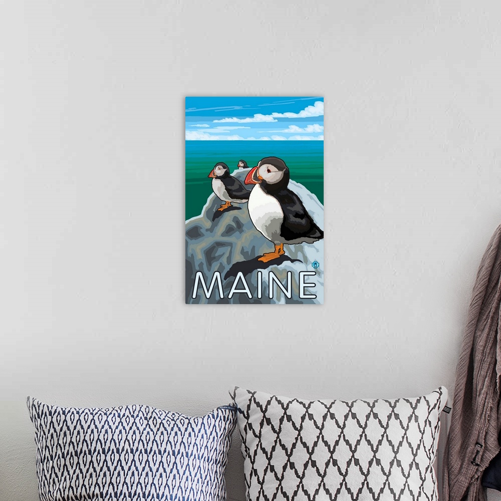 A bohemian room featuring Maine - Puffins Scene: Retro Travel Poster