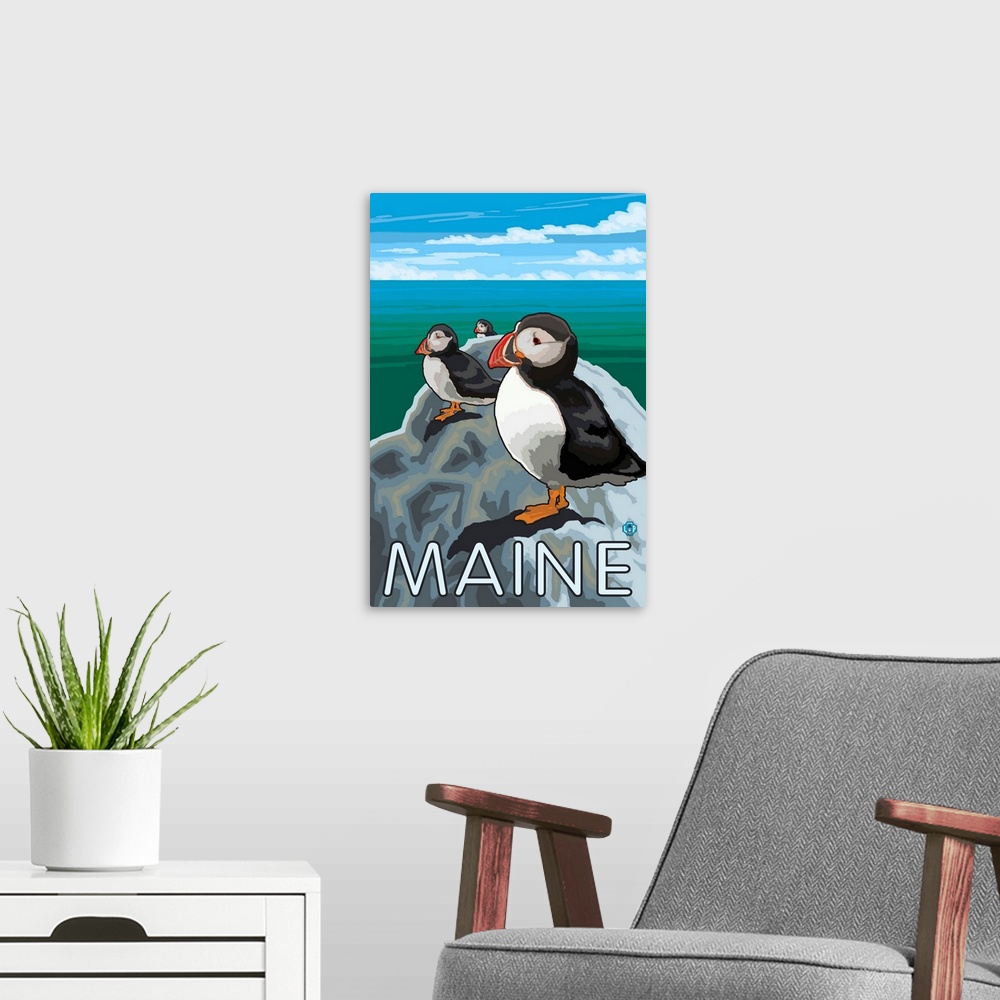 A modern room featuring Maine - Puffins Scene: Retro Travel Poster
