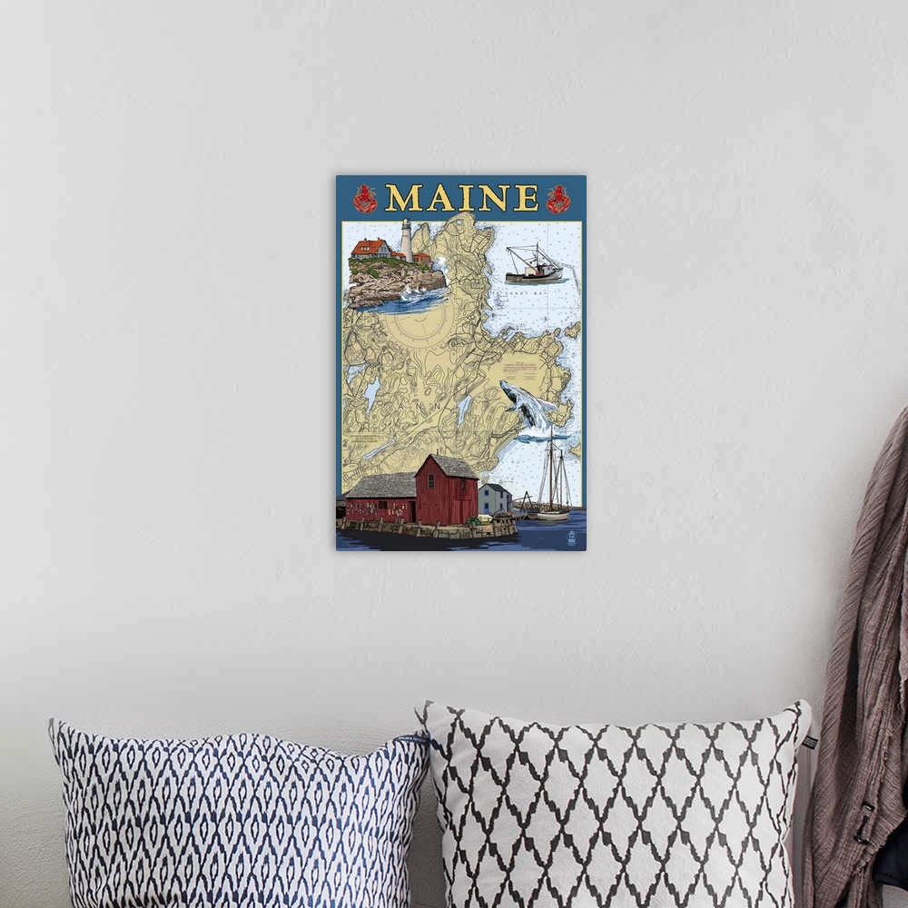 A bohemian room featuring Maine Scenes, Nautical Chart
