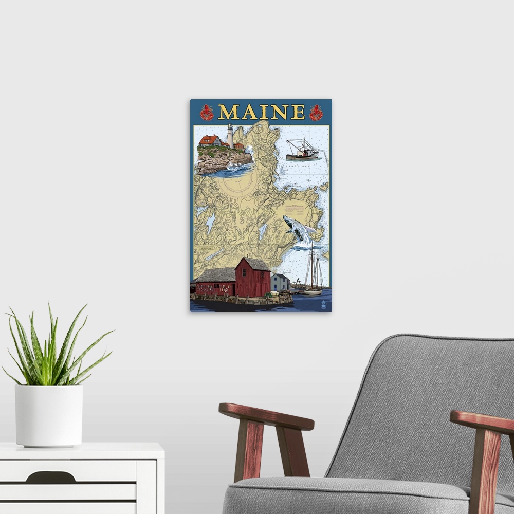 A modern room featuring Maine Scenes, Nautical Chart