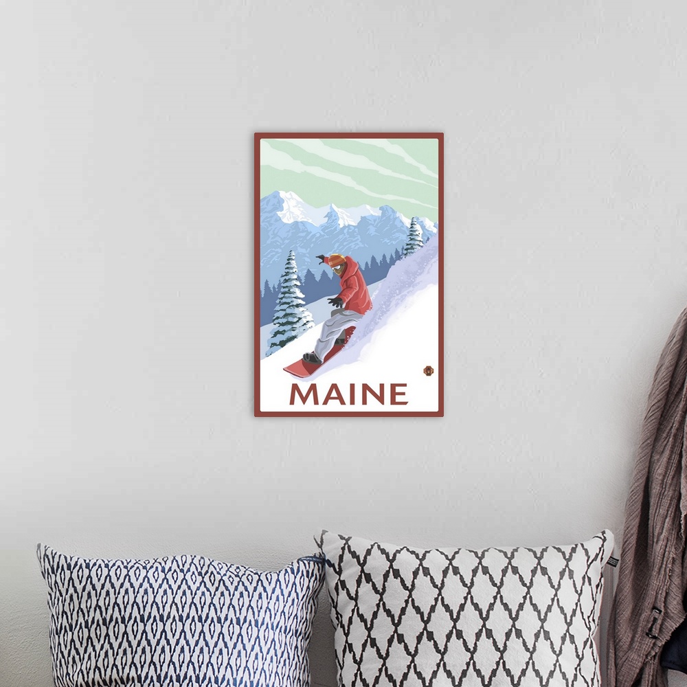 A bohemian room featuring Maine - Snowboarder Scene: Retro Travel Poster