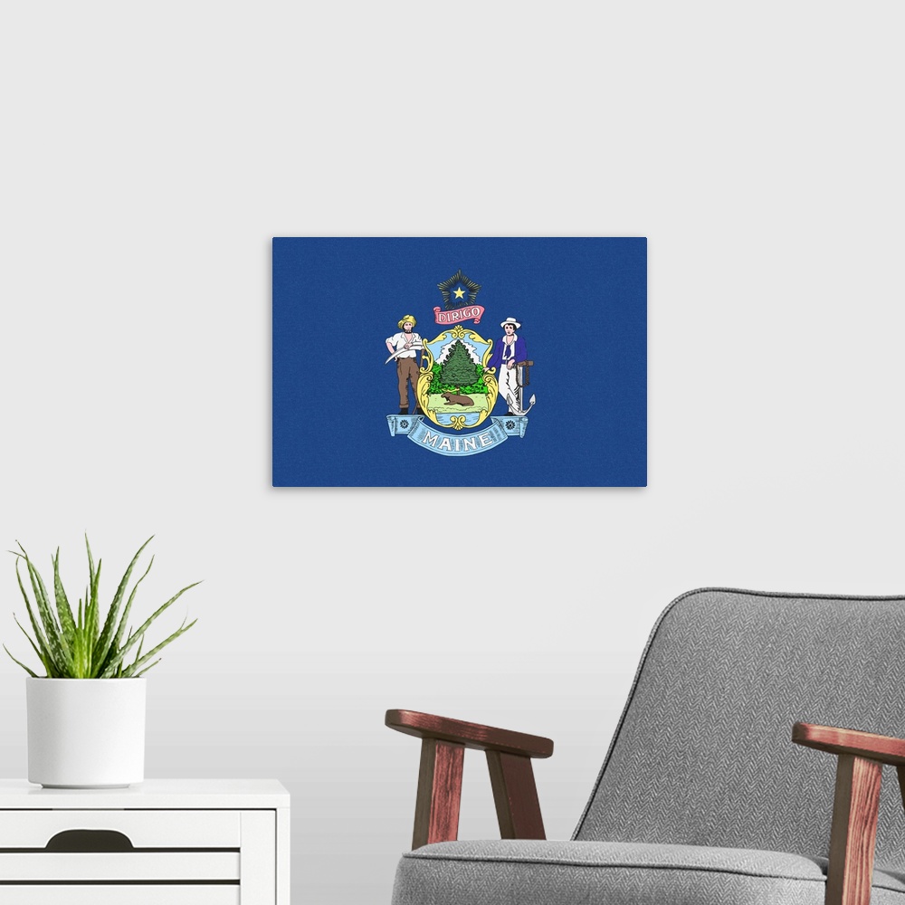 A modern room featuring Maine State Flag