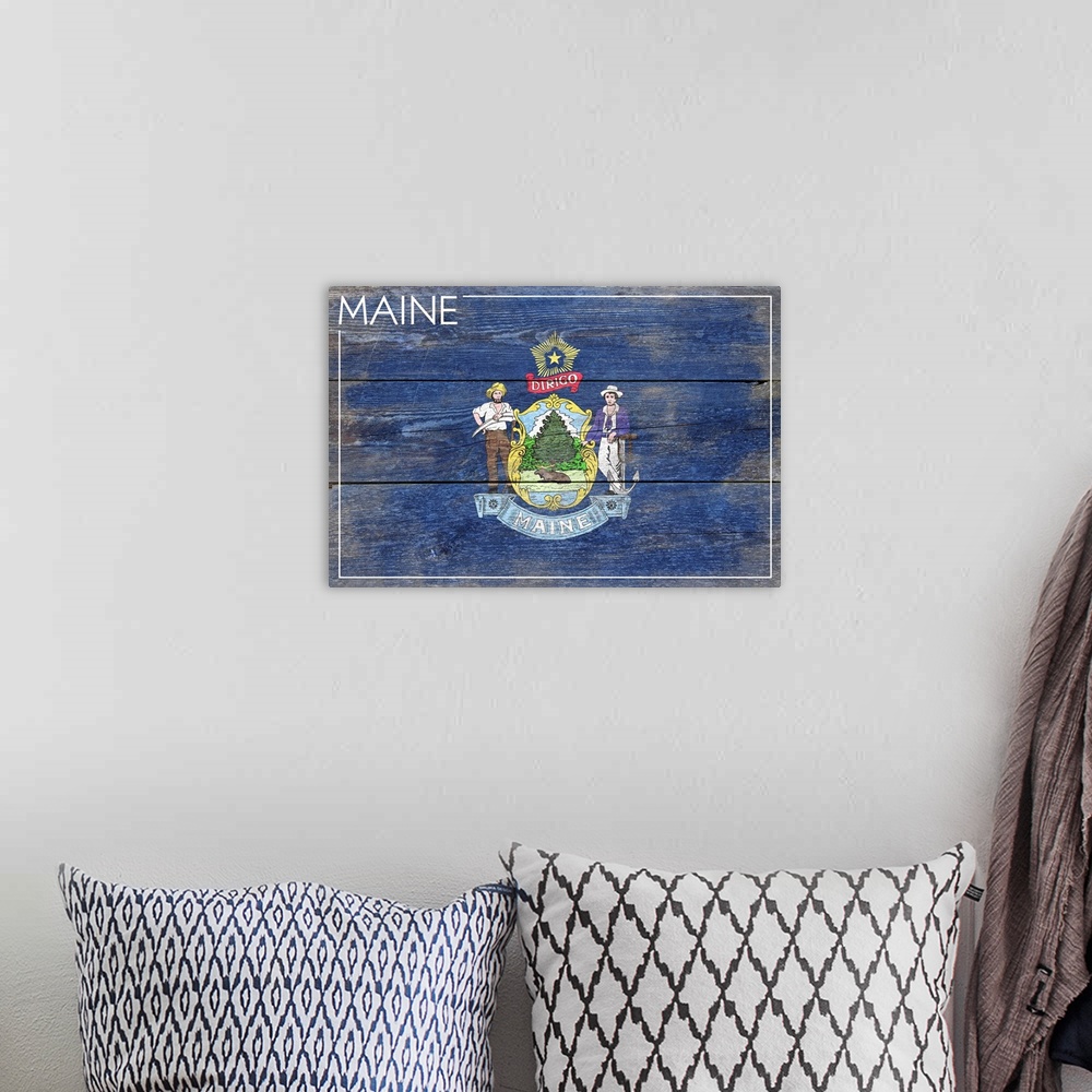 A bohemian room featuring Maine State Flag, Barnwood Painting