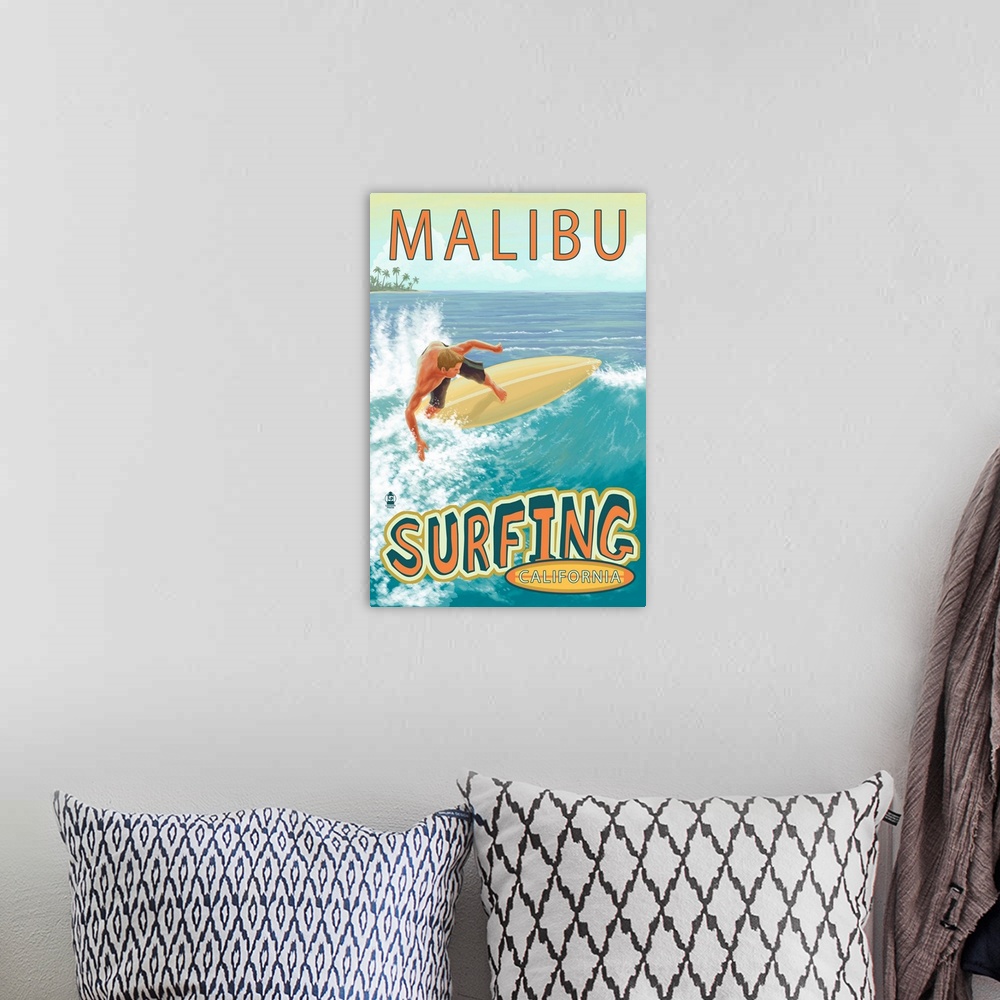 A bohemian room featuring Malibu, California - Surfer Tropical: Retro Travel Poster