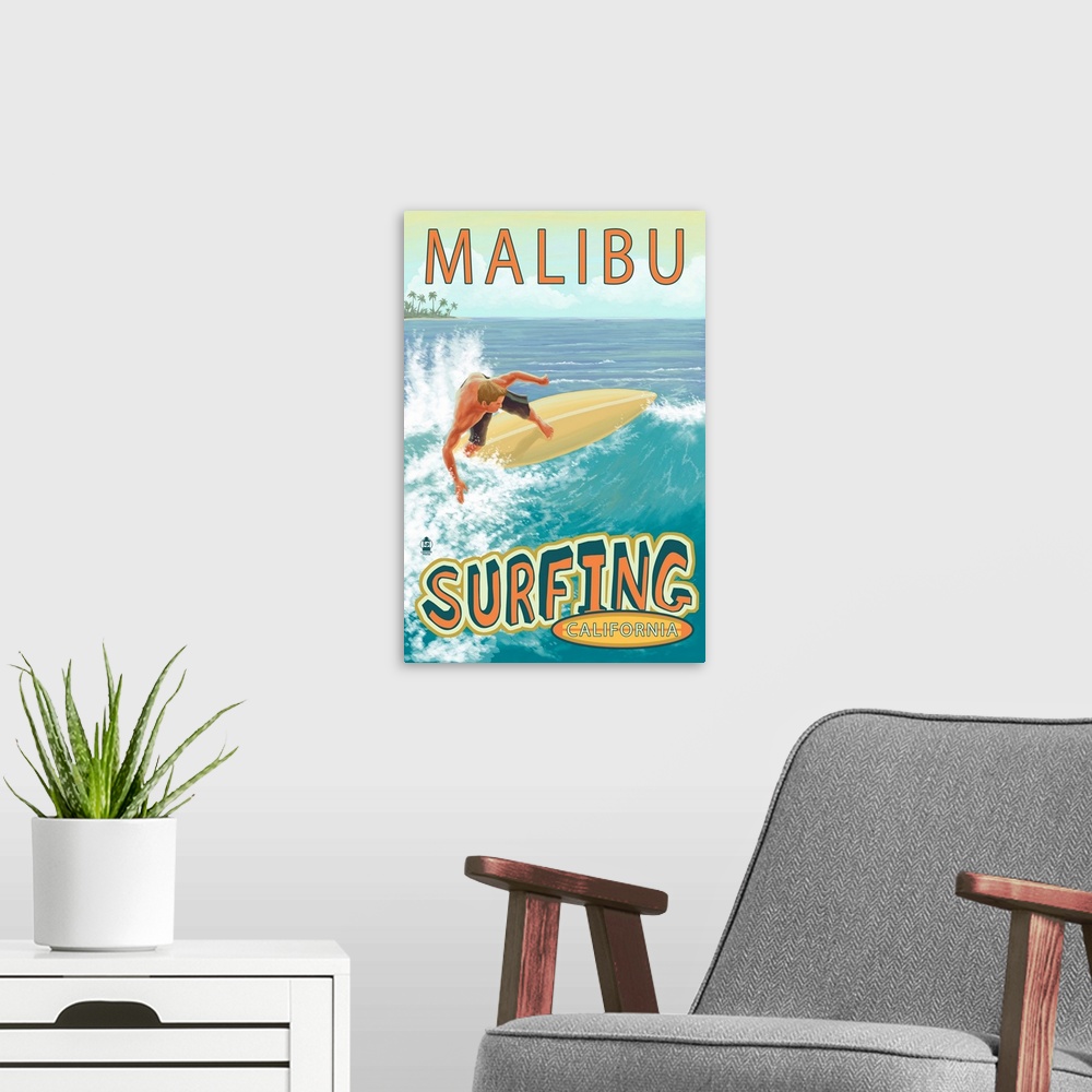 A modern room featuring Malibu, California - Surfer Tropical: Retro Travel Poster