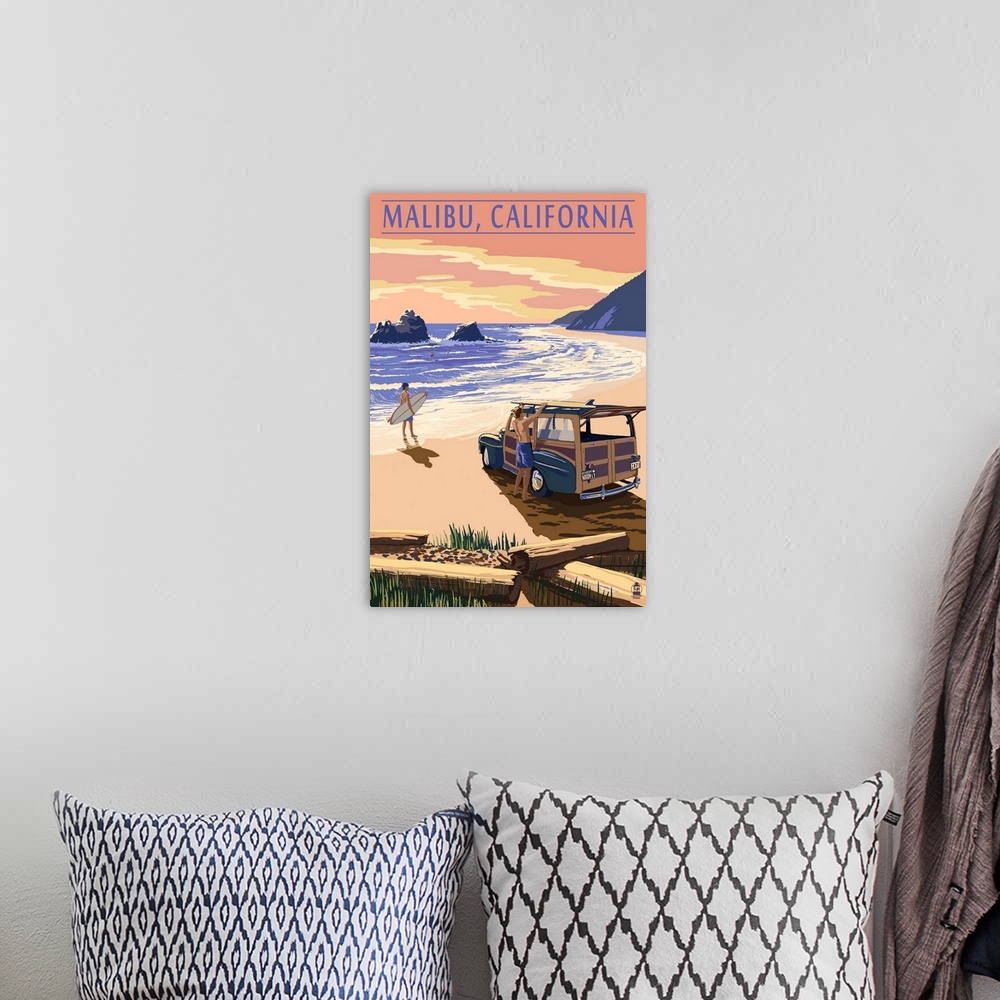 A bohemian room featuring Malibu, California - Woodies on the Beach: Retro Travel Poster
