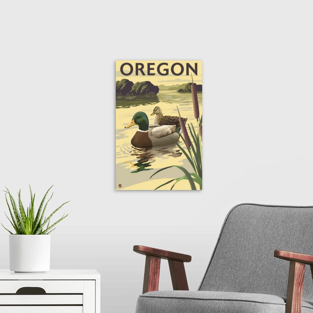 A modern room featuring Mallard Ducks - Oregon: Retro Travel Poster