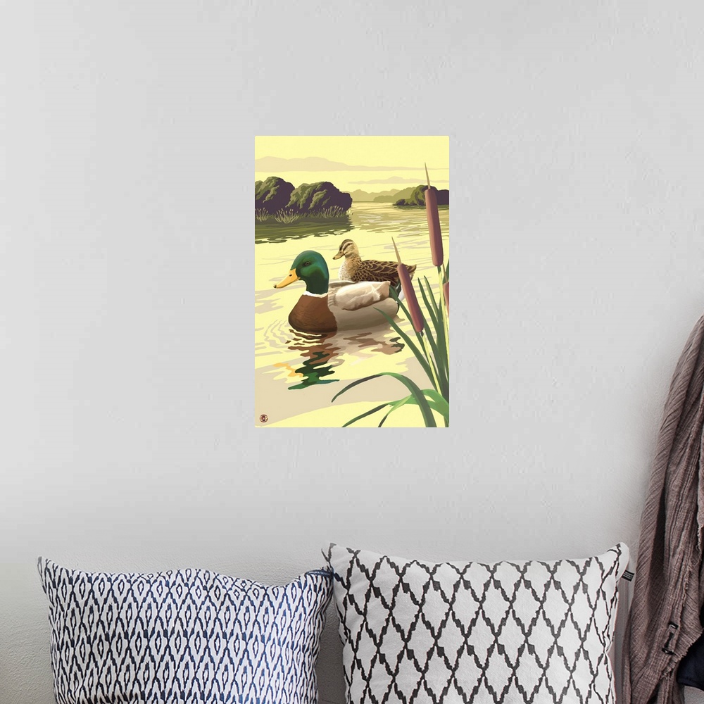 A bohemian room featuring Retro stylized art poster of a mallard couple on a lake.