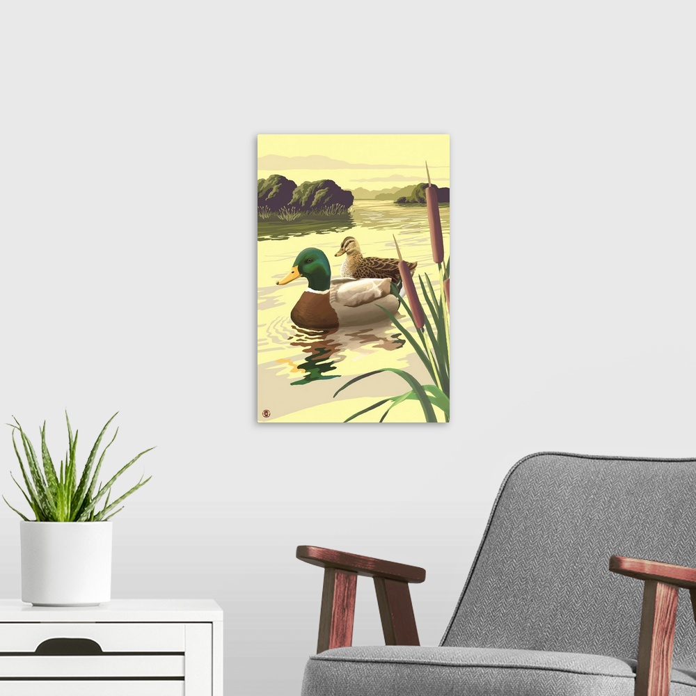 A modern room featuring Retro stylized art poster of a mallard couple on a lake.