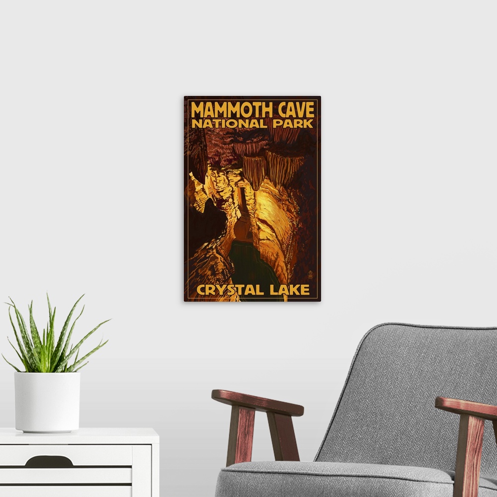 A modern room featuring Mammoth Cave National Park - Crystal Lake: Retro Travel Poster