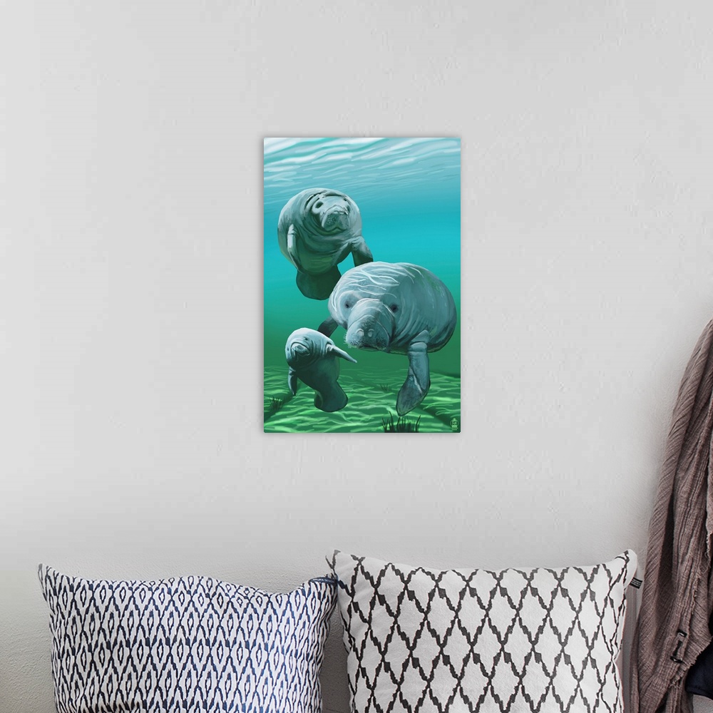 A bohemian room featuring Retro stylized art poster of manatees floating in a gentle green sea.