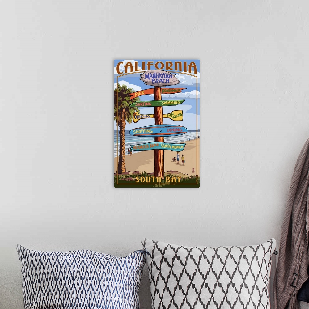 A bohemian room featuring Manhattan Beach, California - Destination Sign: Retro Travel Poster