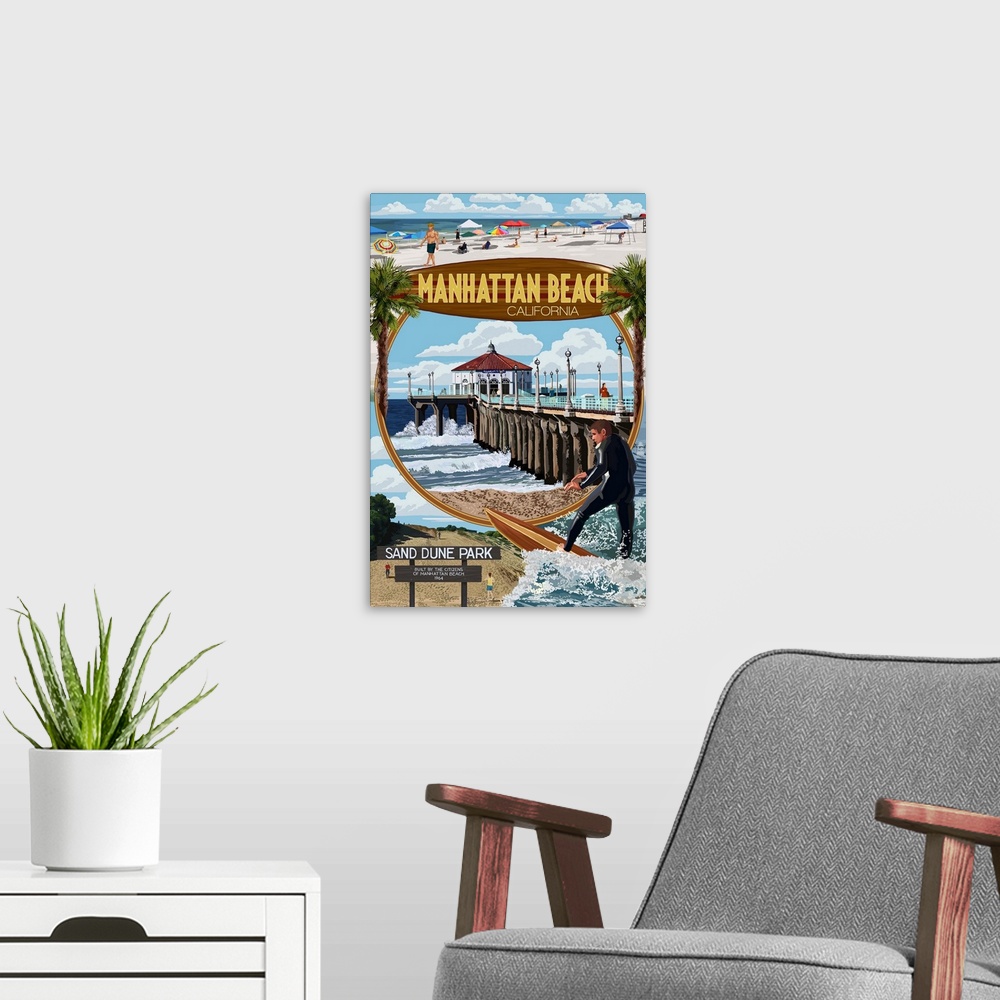 A modern room featuring Manhattan Beach, California - Montage Scenes: Retro Travel Poster