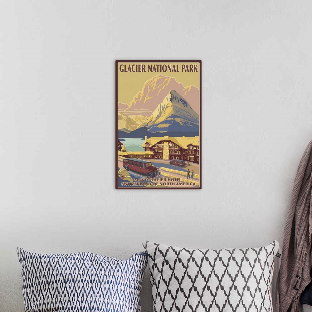 A bohemian room featuring Many Glacier Hotel - Glacier, MT: Retro Travel Poster