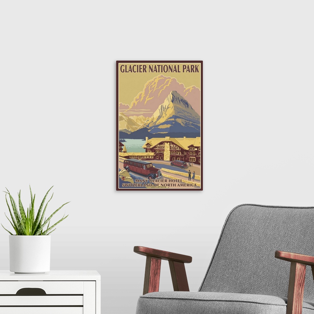 A modern room featuring Many Glacier Hotel - Glacier, MT: Retro Travel Poster