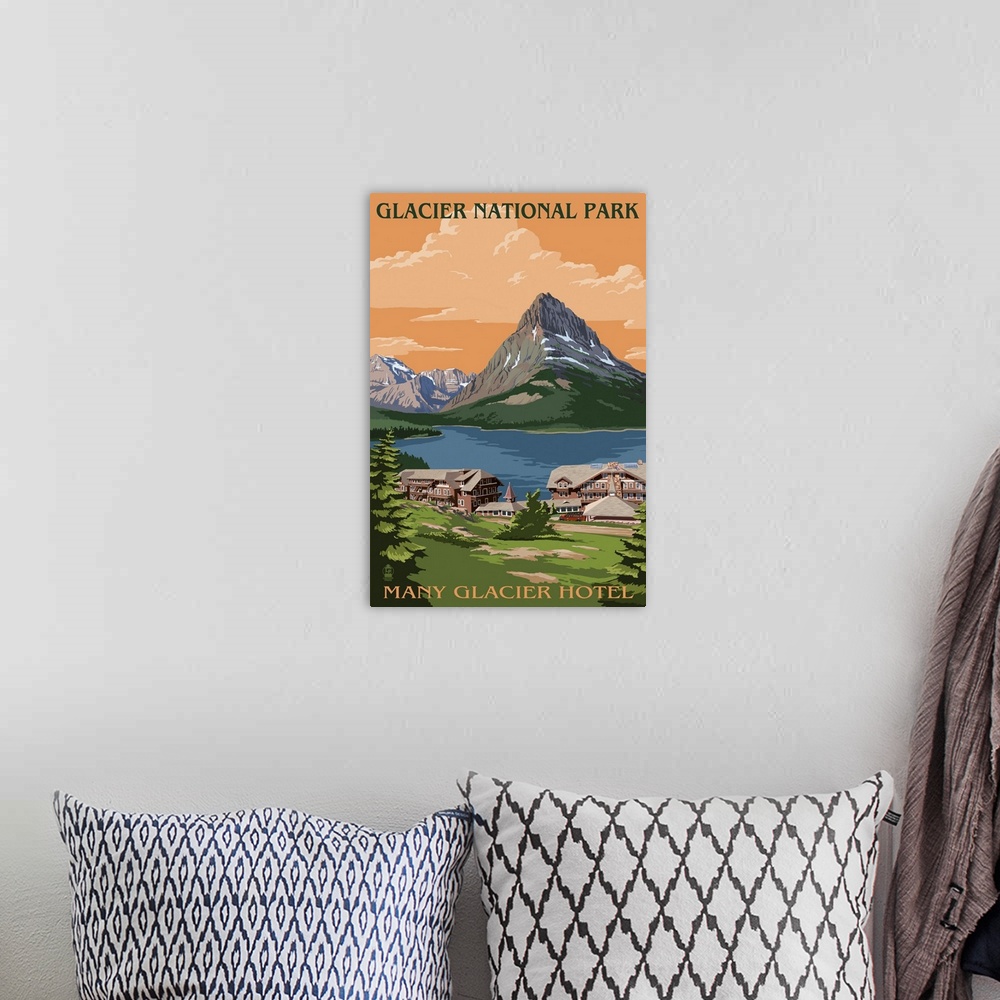 A bohemian room featuring Many Glacier Hotel - Glacier National Park, Montana: Retro Travel Poster