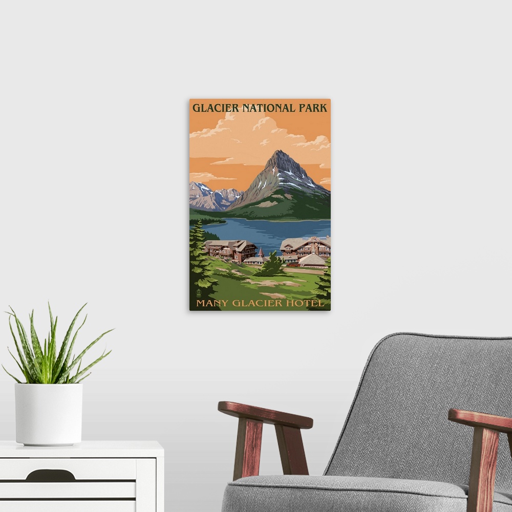 A modern room featuring Many Glacier Hotel - Glacier National Park, Montana: Retro Travel Poster