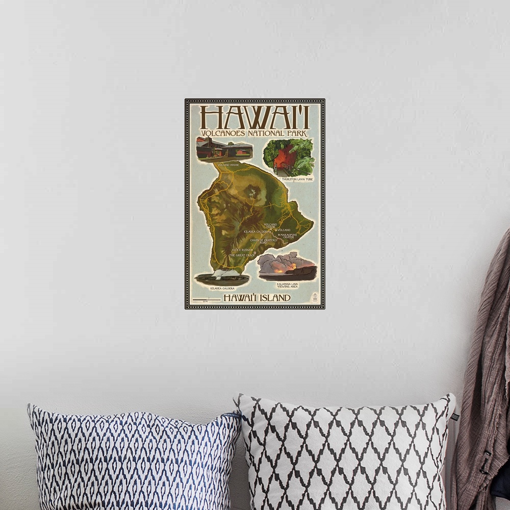A bohemian room featuring Map of Hawaii - Hawaii Volcanoes National Park: Retro Travel Poster