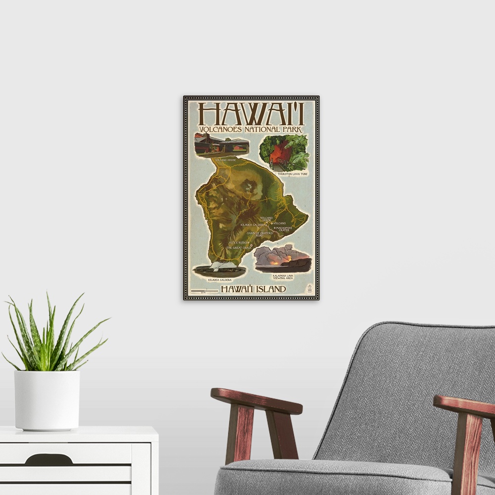 A modern room featuring Map of Hawaii - Hawaii Volcanoes National Park: Retro Travel Poster