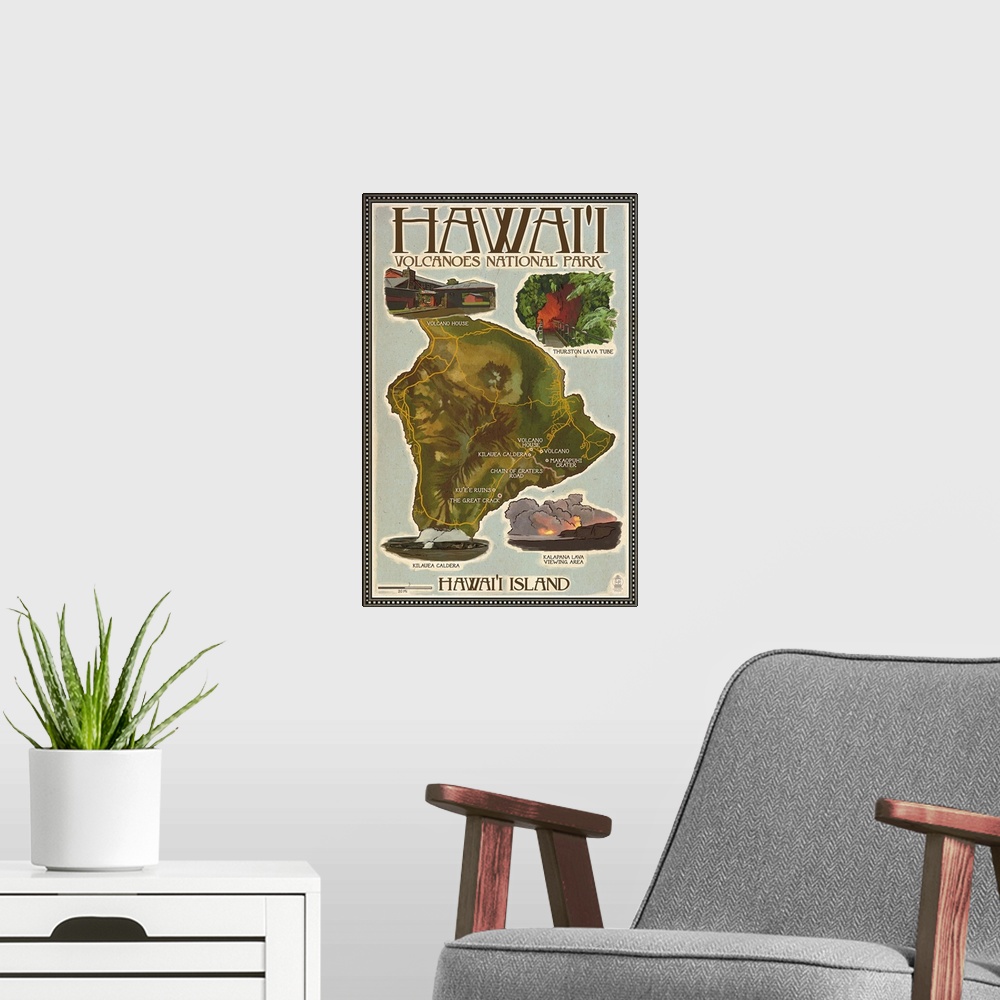 A modern room featuring Map of Hawaii - Hawaii Volcanoes National Park: Retro Travel Poster