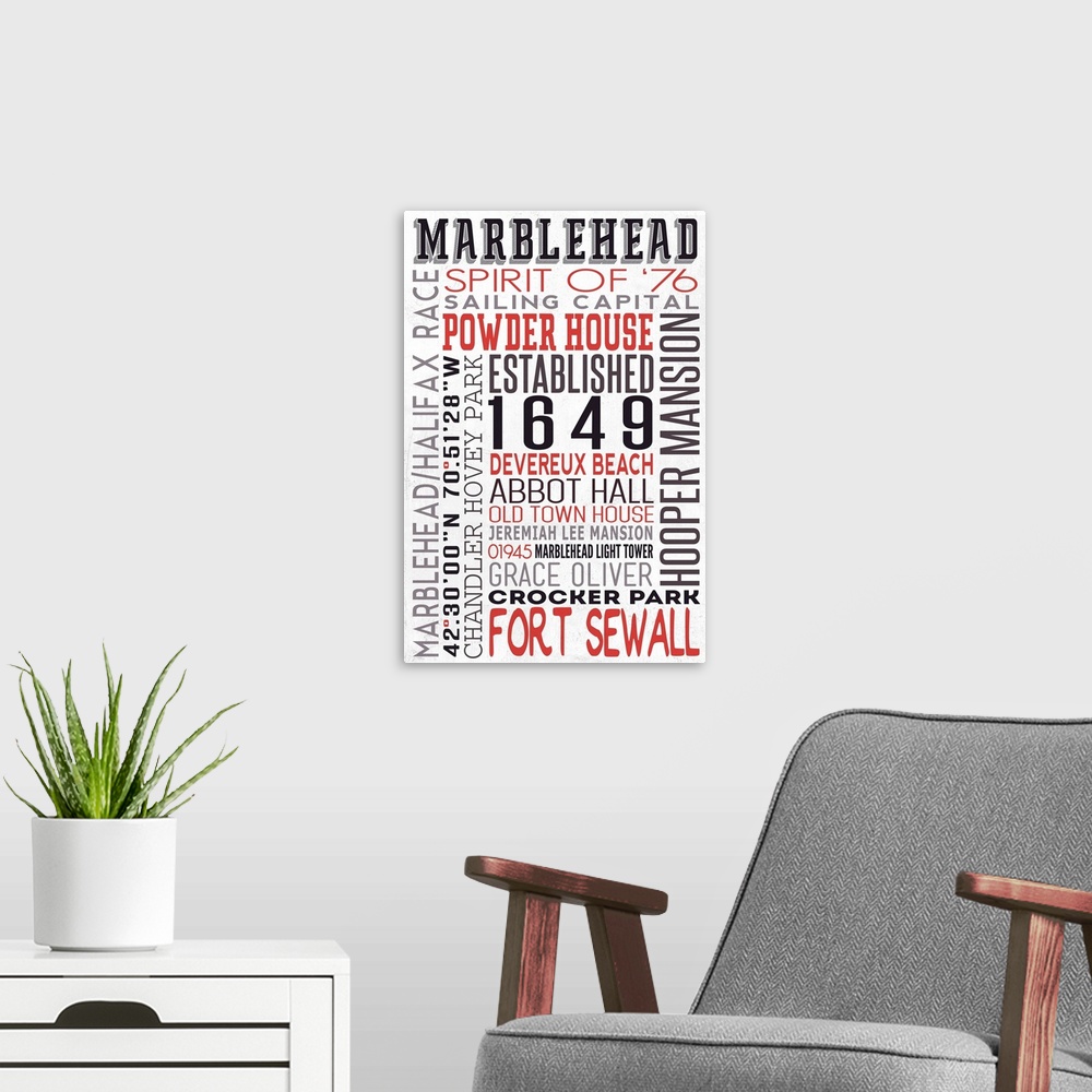 A modern room featuring Marblehead, Massachusetts, Typography
