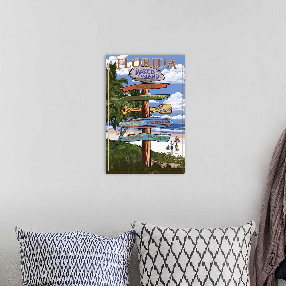A bohemian room featuring Marco Island, Florida - Destinations Signpost: Retro Travel Poster
