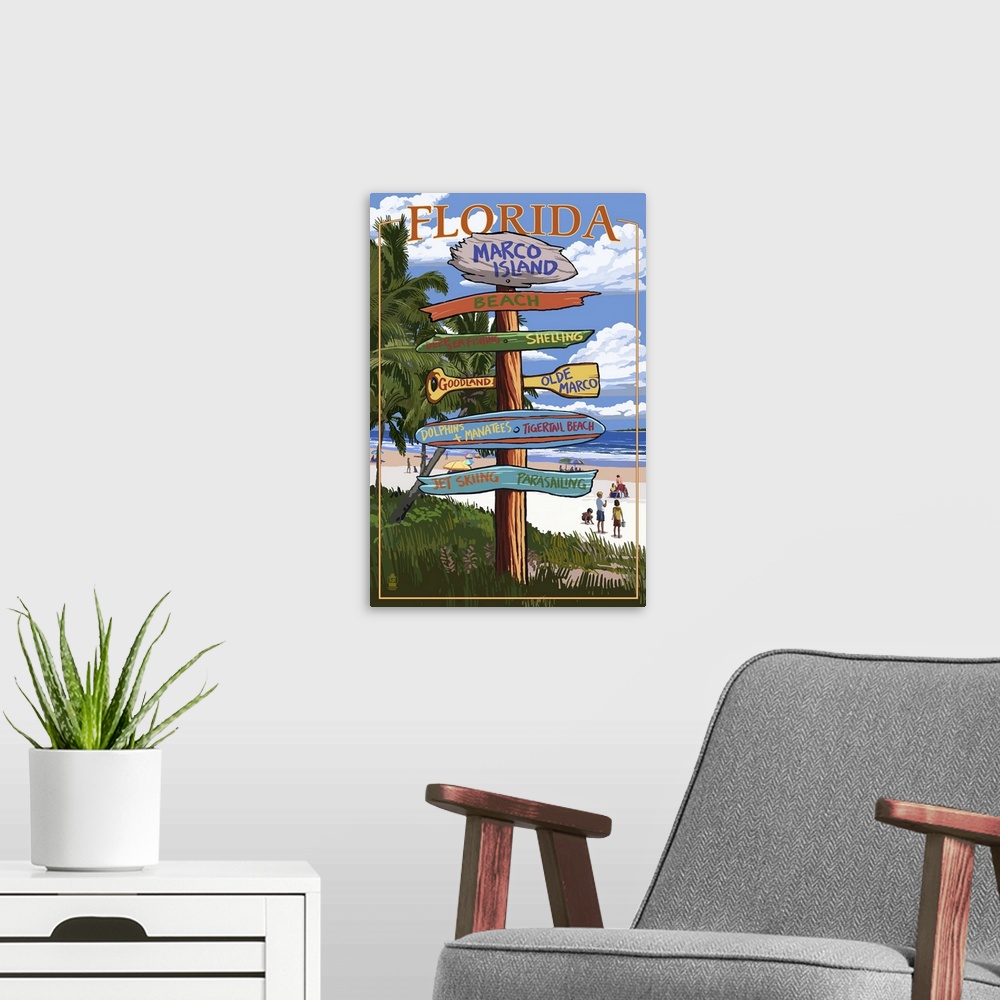 A modern room featuring Marco Island, Florida - Destinations Signpost: Retro Travel Poster