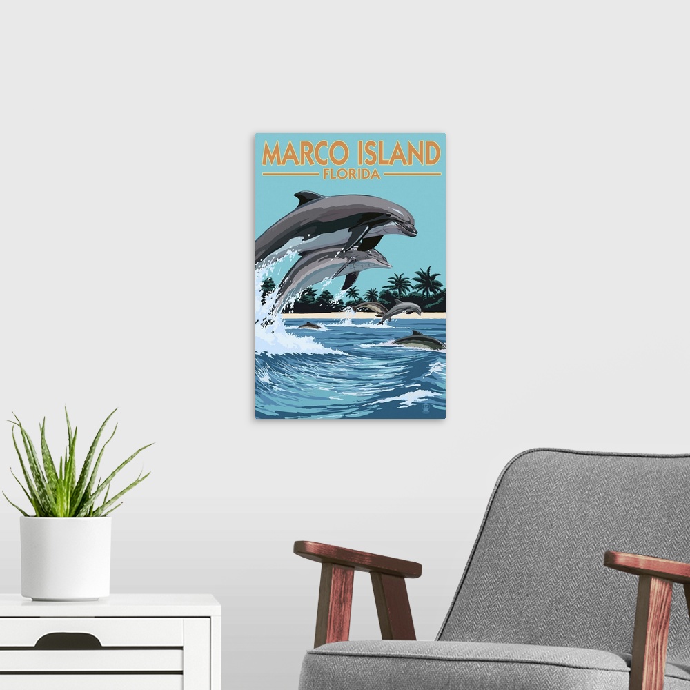 A modern room featuring Marco Island, Florida - Dolphins Jumping: Retro Travel Poster