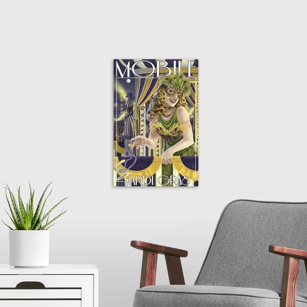 A modern room featuring Retro stylized art poster of a woman dressed in a masquerade costume standing on a balcony.