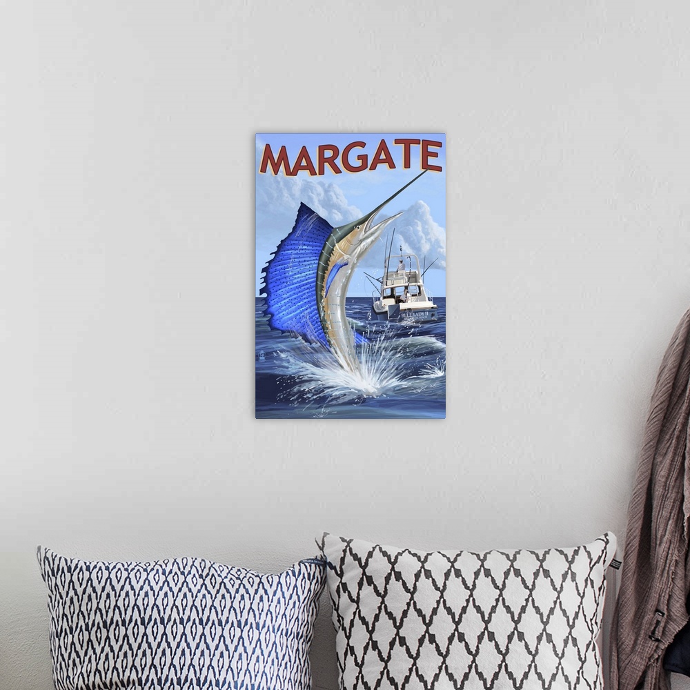 A bohemian room featuring Margate, New Jersey - Sailfish Deep Sea Fishing: Retro Travel Poster
