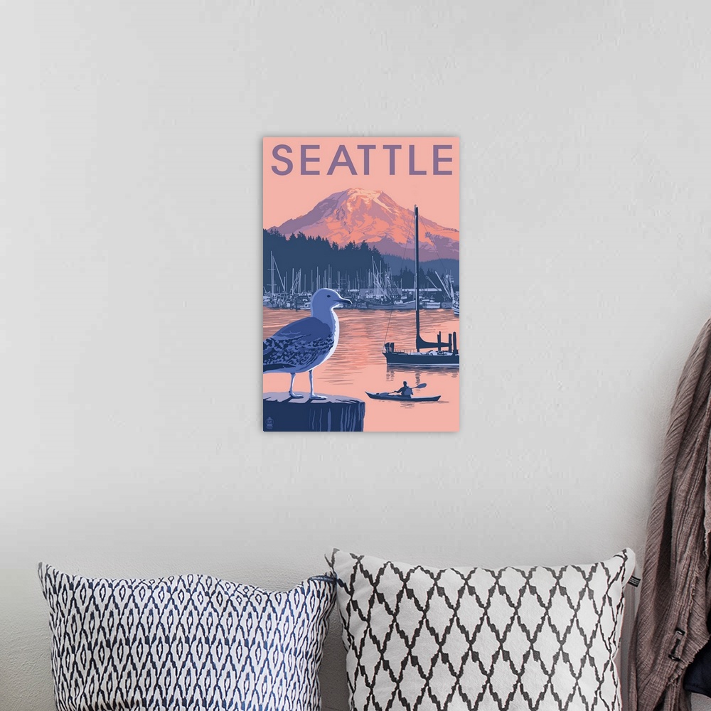 A bohemian room featuring Marina and Rainier at Sunset - Seattle, Washington: Retro Travel Poster