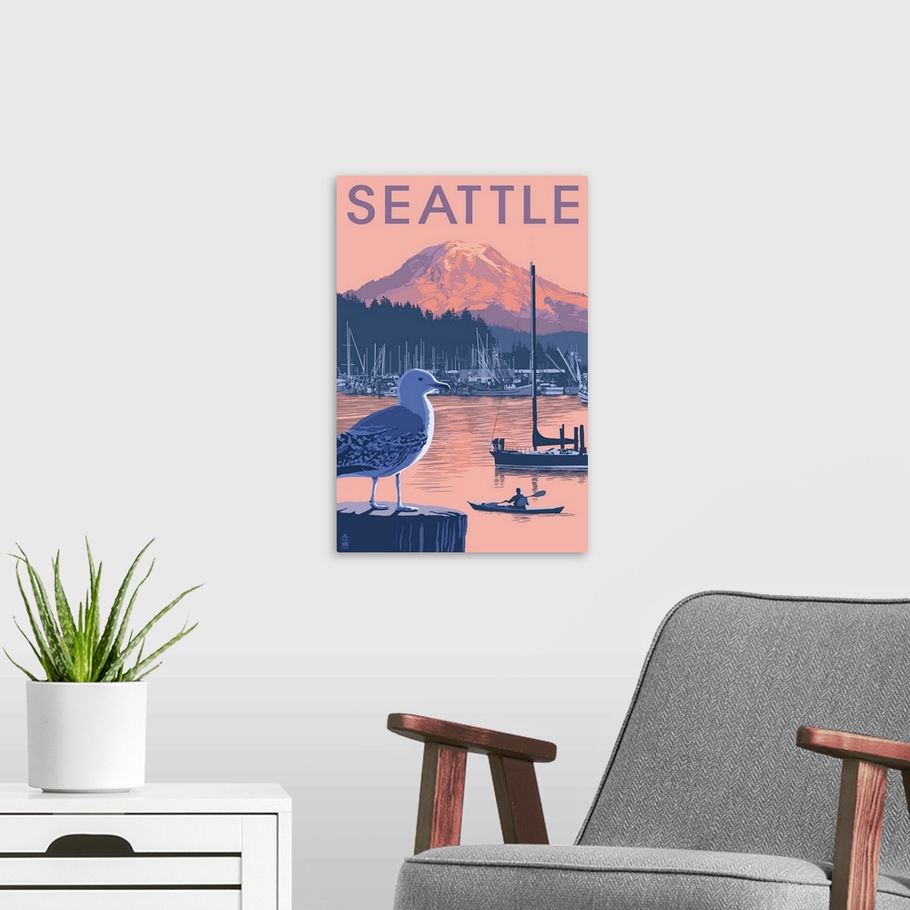A modern room featuring Marina and Rainier at Sunset - Seattle, Washington: Retro Travel Poster