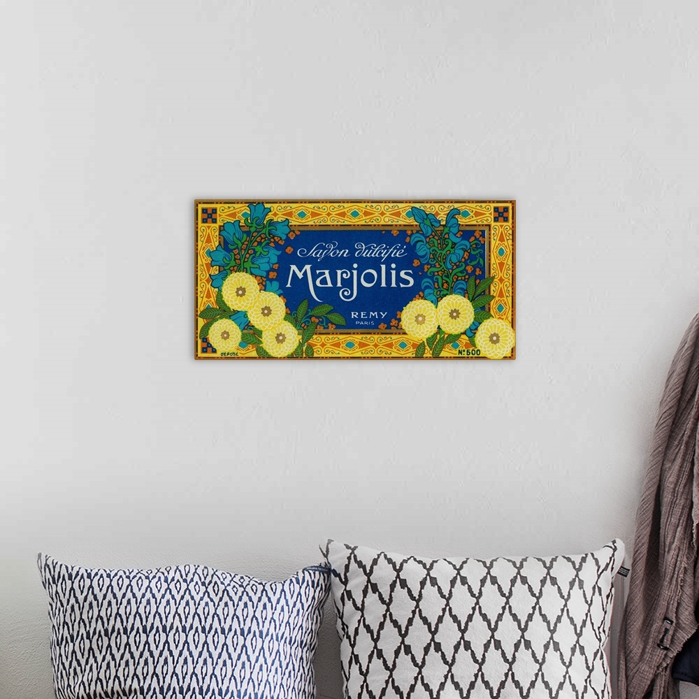 A bohemian room featuring French soap label, Marjolis brand.