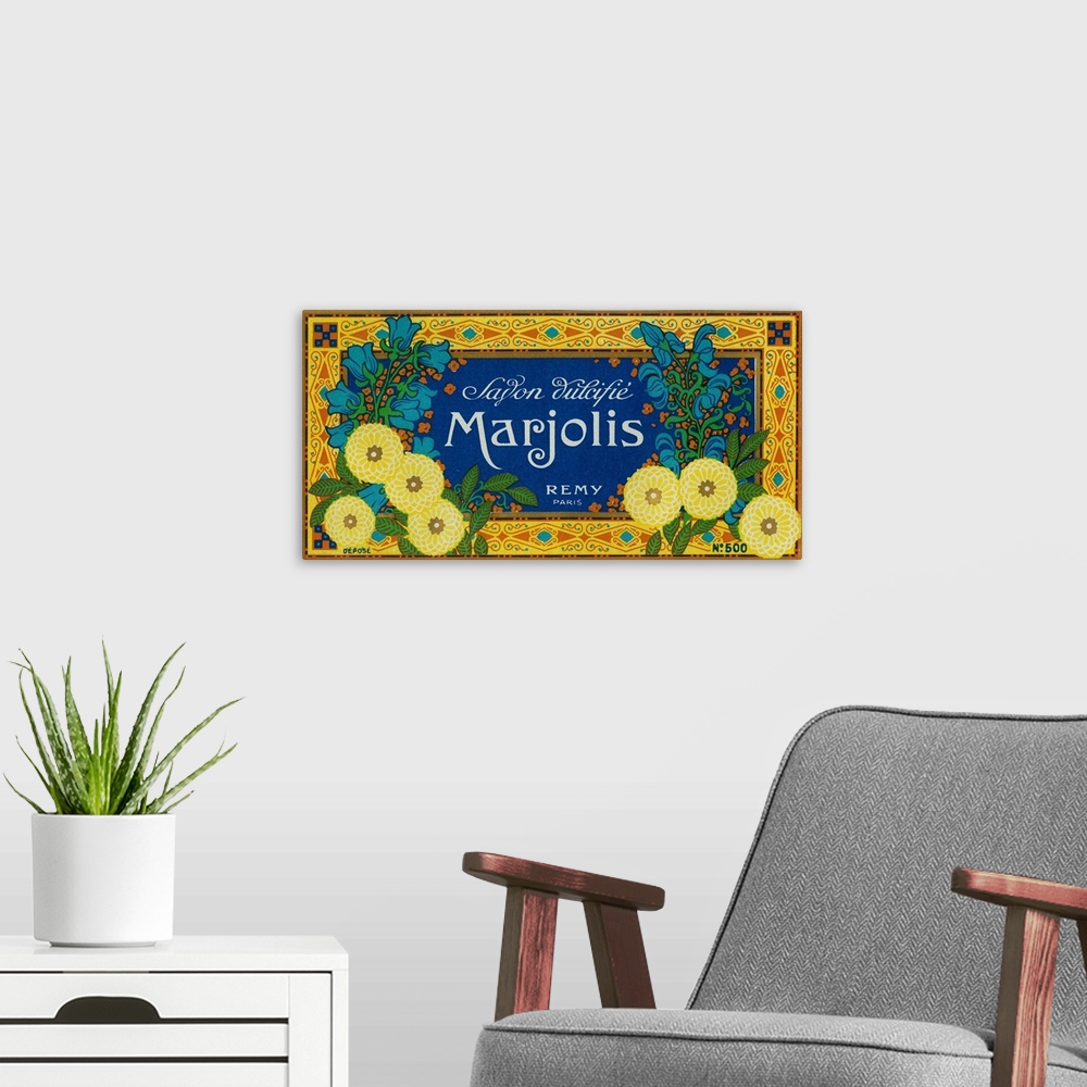 A modern room featuring French soap label, Marjolis brand.