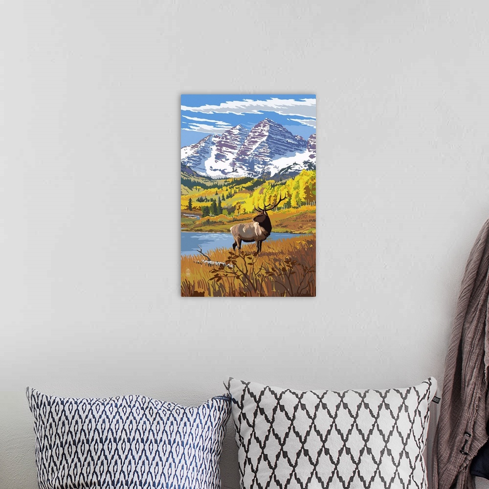A bohemian room featuring Maroon Bells and Elk: Retro Poster Art