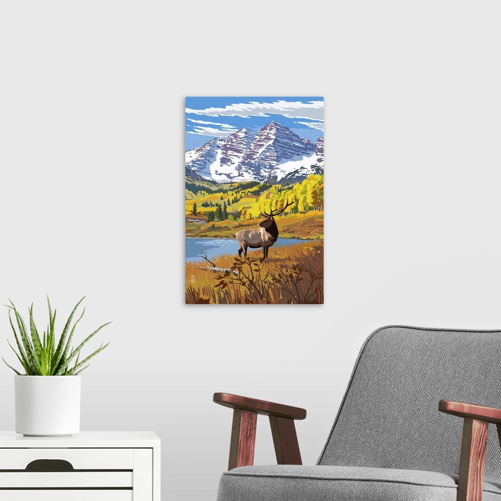A modern room featuring Maroon Bells and Elk: Retro Poster Art