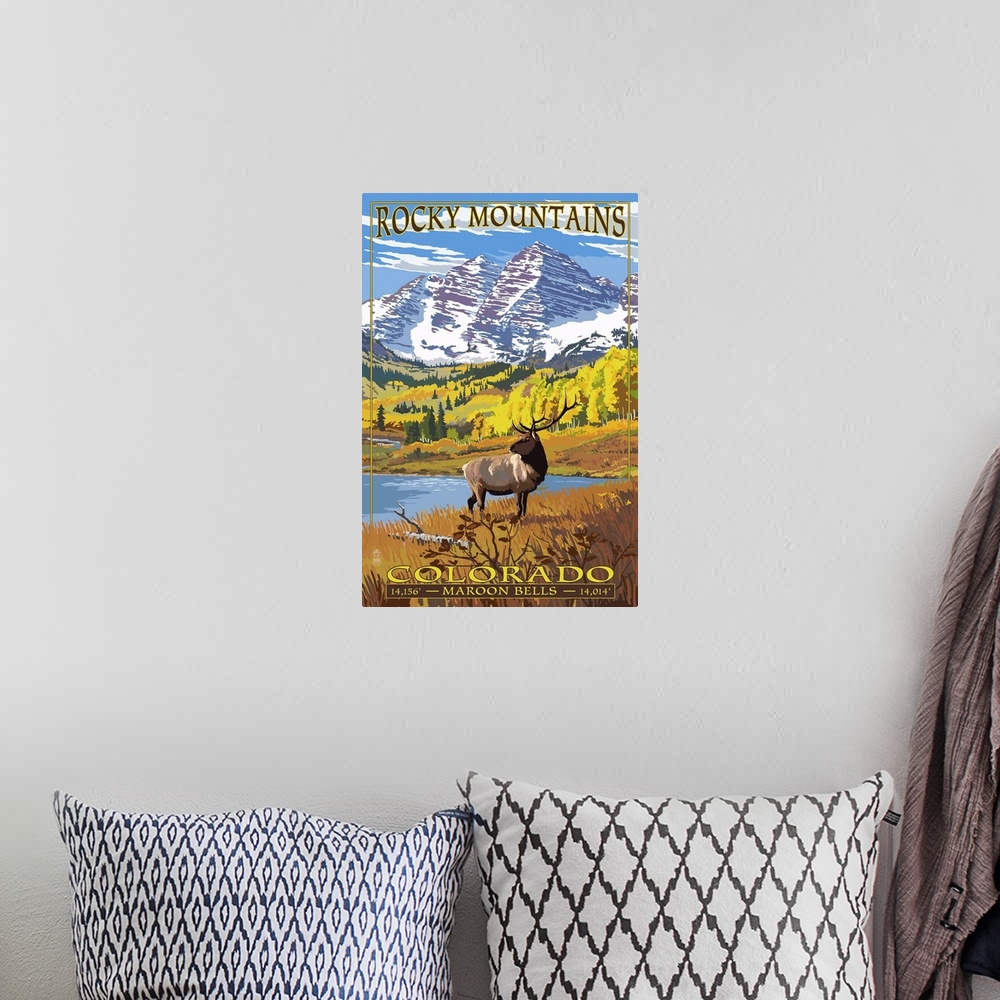 A bohemian room featuring Retro stylized art poster of an elk in the wilderness, with snow covered mountains in the backgro...