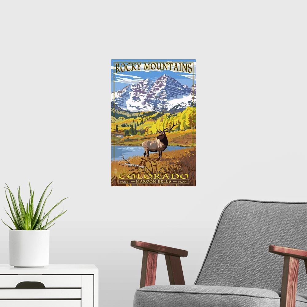 A modern room featuring Retro stylized art poster of an elk in the wilderness, with snow covered mountains in the backgro...