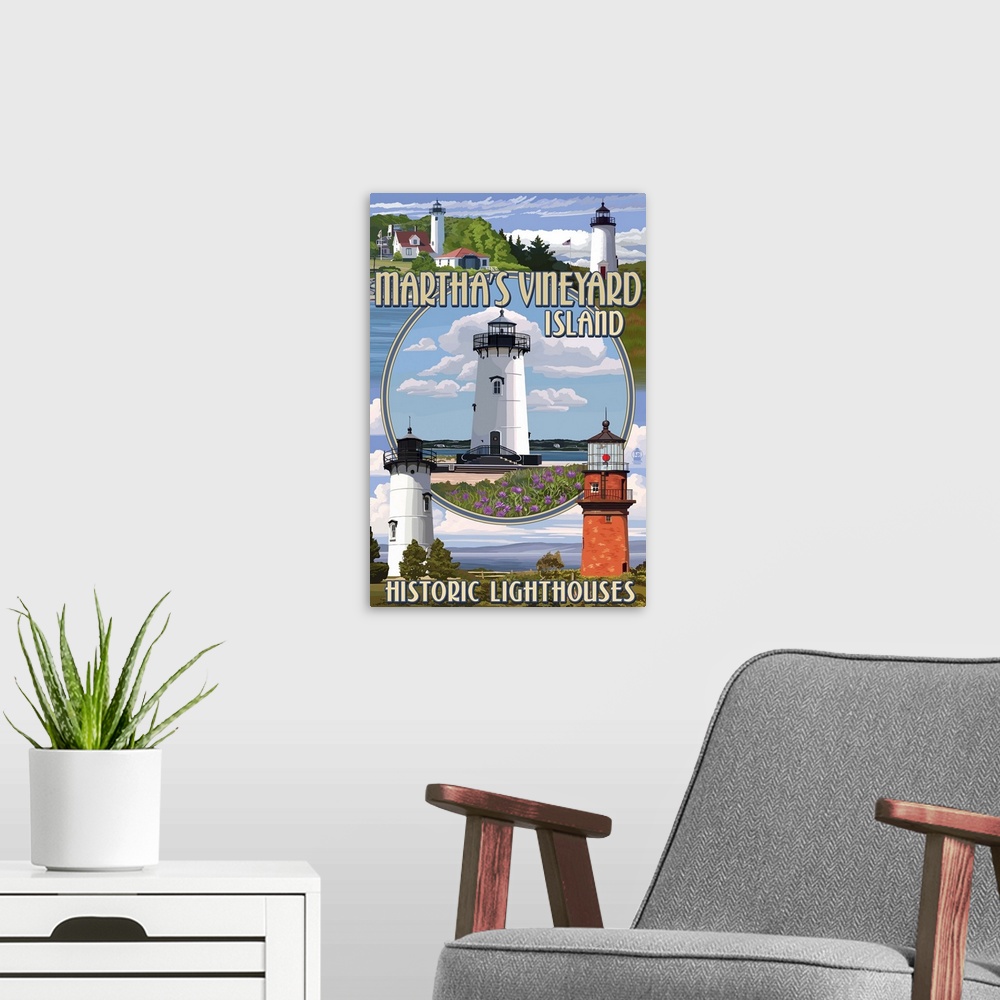 A modern room featuring Martha's Vineyard, Lighthouses Montage