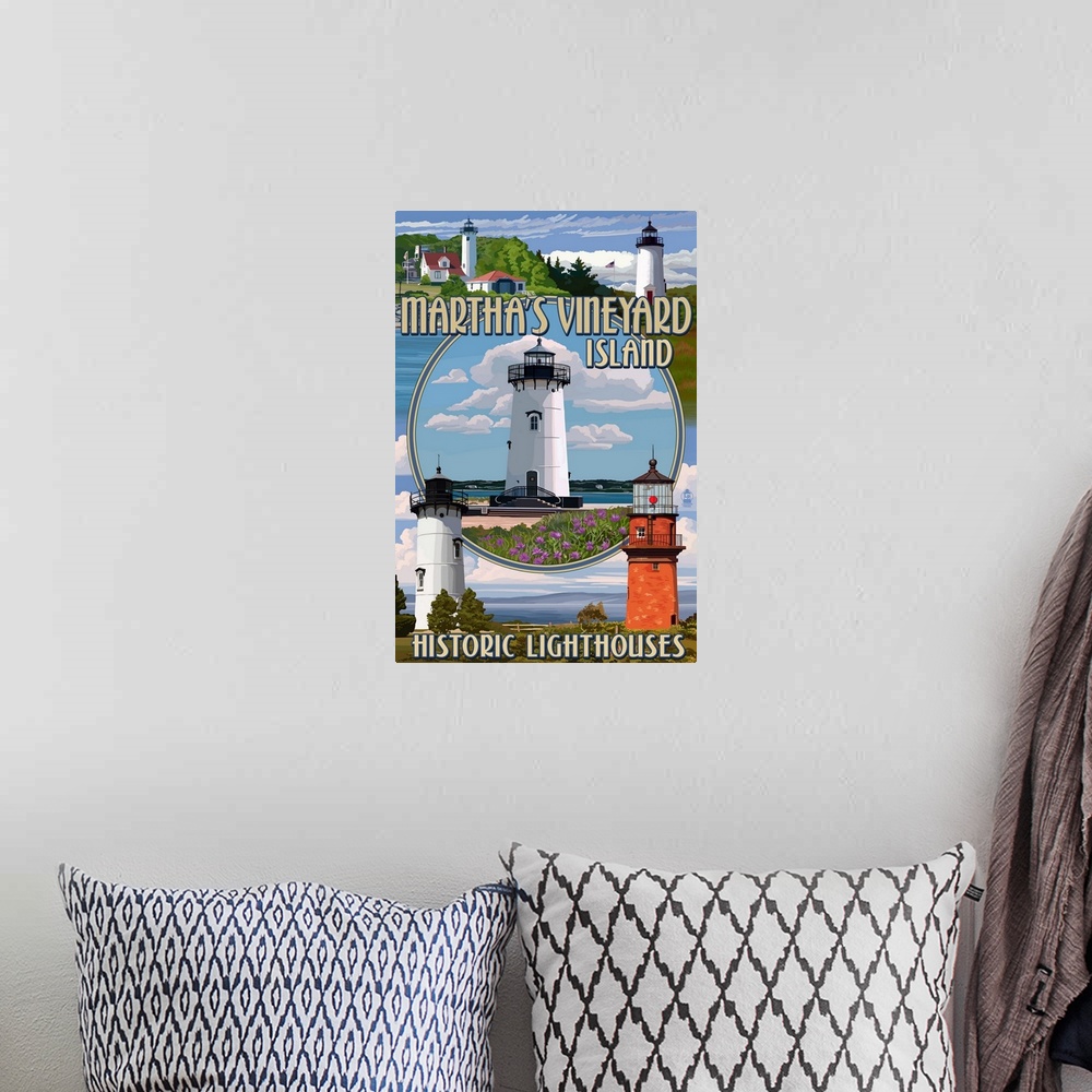 A bohemian room featuring Retro stylized art poster of a collection of lighthouse images with a coastal lighthouse scene in...